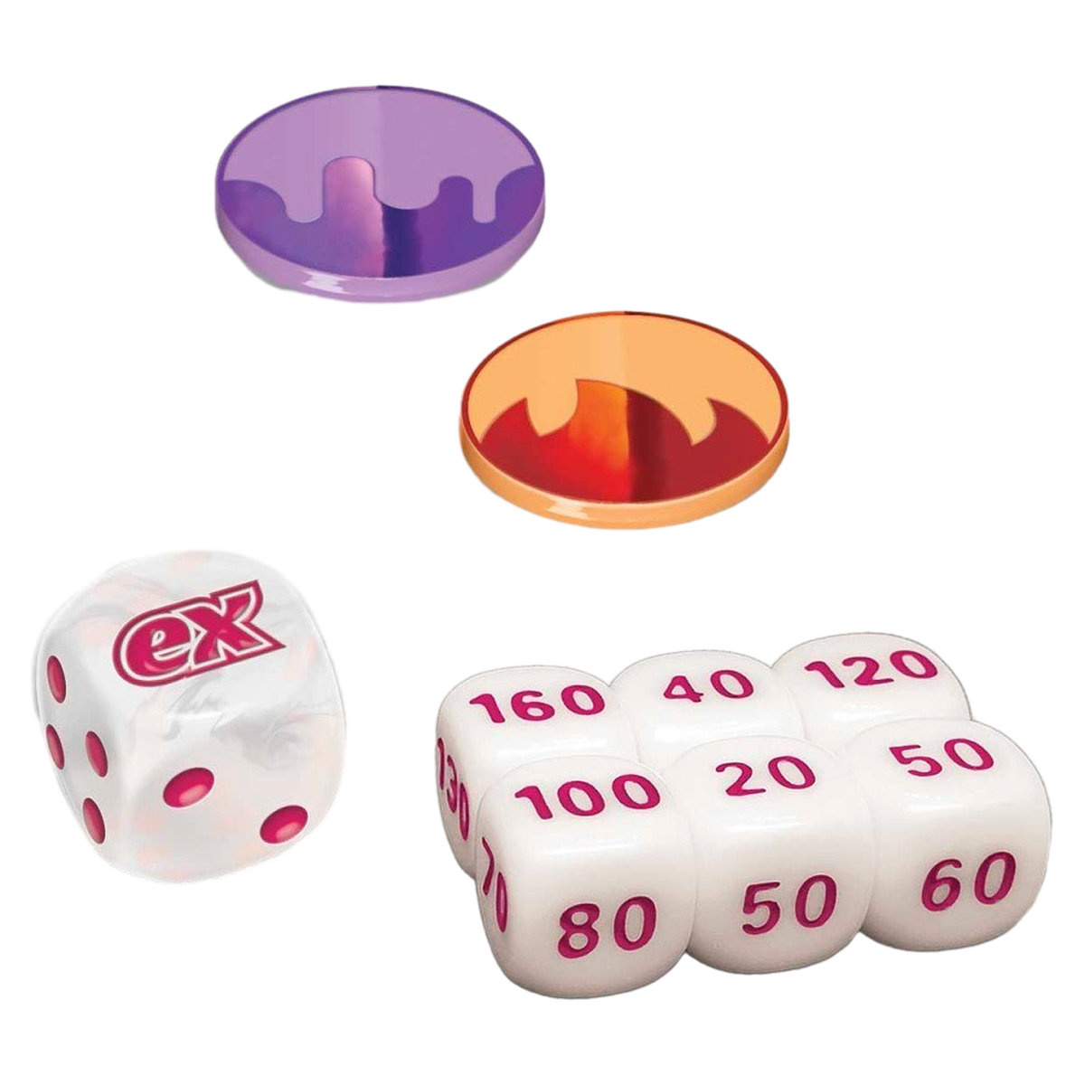 Pokemon White Flare ETB damage counter dice coin flip die and two acrylic condition markers